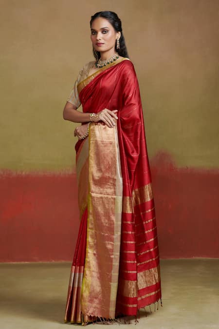 Dressfolk Red Handloom Silk Dilruba Striped Saree 