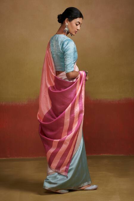 Shop Dressfolk Blue Handloom Cotton Pastel And Peach Silk Saree With Running Blouse at Aza Fashions Shop_Dressfolk_Blue Handloom Cotton Pastel And Peach Silk Saree With Running Blouse_at_Aza_Fashions