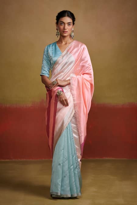 Dressfolk Blue Handloom Cotton Pastel And Peach Silk Saree With Running Blouse Online at Aza Fashions Dressfolk_Blue Handloom Cotton Pastel And Peach Silk Saree With Running Blouse_Online_at_Aza_Fashions