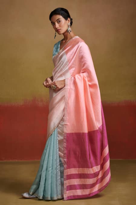 Buy Dressfolk Blue Handloom Cotton Pastel And Peach Silk Saree With Running Blouse Online at Aza Fashions Buy_Dressfolk_Blue Handloom Cotton Pastel And Peach Silk Saree With Running Blouse_Online_at_Aza_Fashions