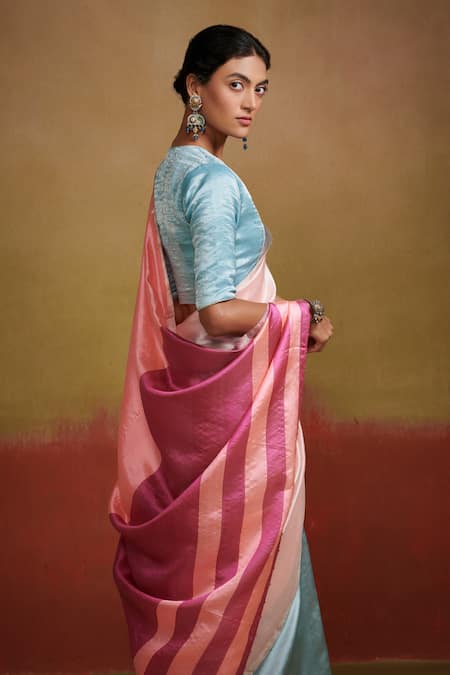 Shop Dressfolk Blue Handloom Cotton Pastel And Peach Silk Saree With Running Blouse Online at Aza Fashions Shop_Dressfolk_Blue Handloom Cotton Pastel And Peach Silk Saree With Running Blouse_Online_at_Aza_Fashions