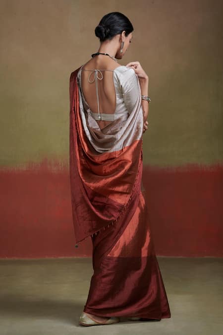 Dressfolk Color Blocked Handloom Silk Saree with Running Blouse 