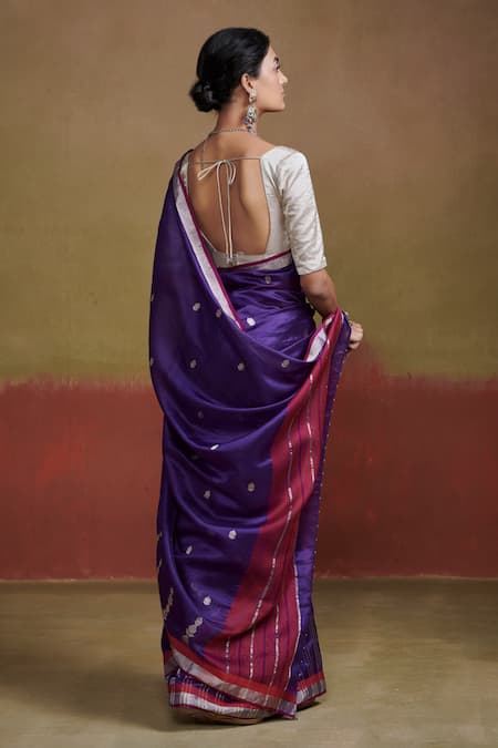 Dressfolk Purple Handloom Silk Zari Striped Saree with Running Blouse 