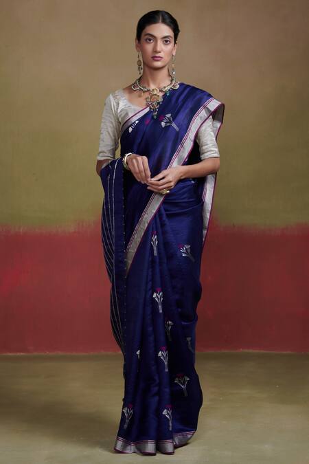 Buy_Dressfolk_Blue Handloom Cotton Embroidery Floral Motif Silk Saree With Running Blouse_Online_at_Aza_Fashions