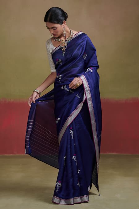 Shop_Dressfolk_Blue Handloom Cotton Embroidery Floral Motif Silk Saree With Running Blouse_Online_at_Aza_Fashions