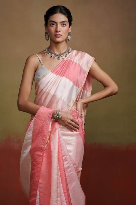 Dressfolk_Pink Handloom Cotton Pastel Silk Panelled Saree With Running Blouse_Online_at_Aza_Fashions