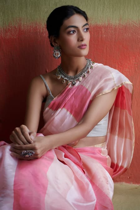 Buy_Dressfolk_Pink Handloom Cotton Pastel Silk Panelled Saree With Running Blouse