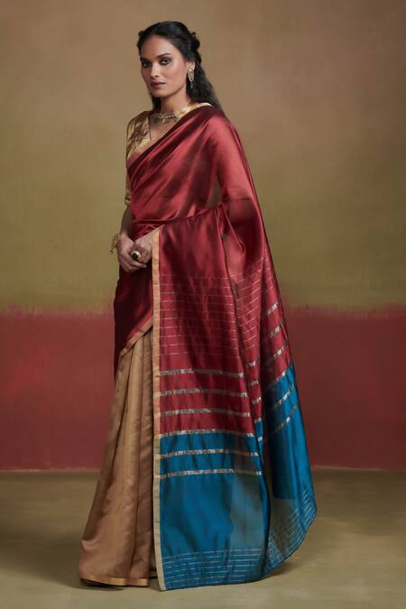 Dressfolk_Gold Handloom Cotton Color Blocked Silk Saree With Running Blouse_Online_at_Aza_Fashions