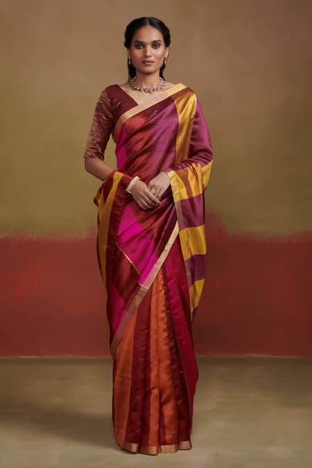 Dressfolk Samyukta Handloom Silk Contrast Stripe Saree 