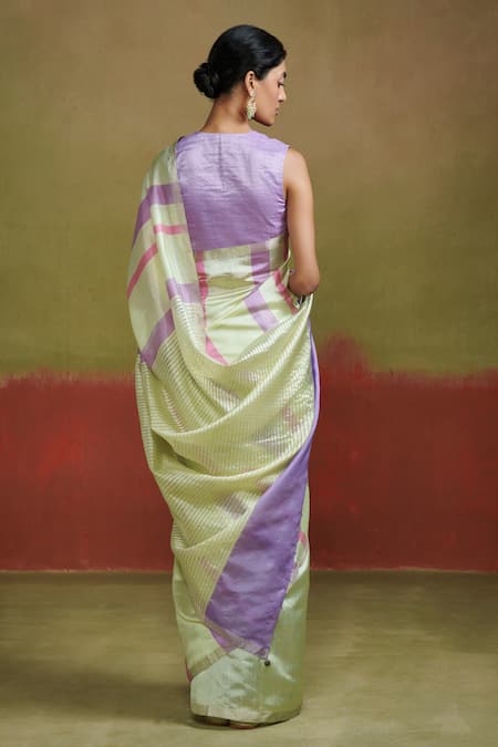 Dressfolk Pastel Green Handloom Silk Stripe Saree with Running Blouse 