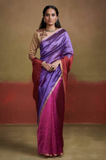 Dressfolk Magenta Handloom Silk Zulaikha Color Blocked Stripe Pattern Saree 