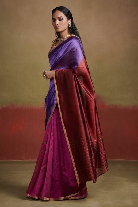 Dressfolk Magenta Handloom Cotton Beads Purple Maroon Silk Saree With Running Blouse Online at Aza Fashions Dressfolk_Magenta Handloom Cotton Beads Purple Maroon Silk Saree With Running Blouse_Online_at_Aza_Fashions