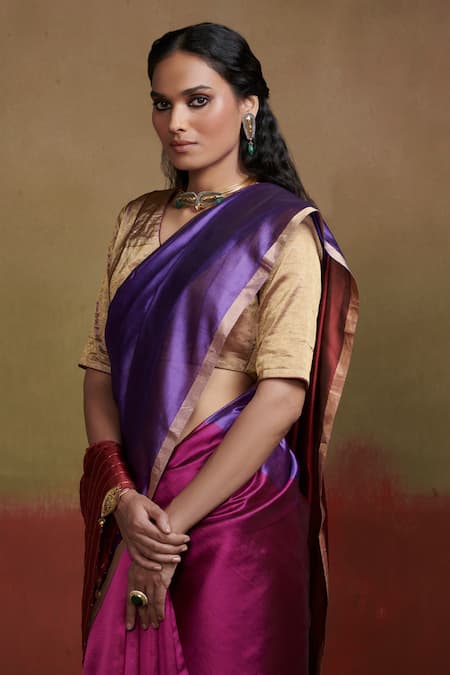 Shop Dressfolk Magenta Handloom Cotton Beads Purple Maroon Silk Saree With Running Blouse Online at Aza Fashions Shop_Dressfolk_Magenta Handloom Cotton Beads Purple Maroon Silk Saree With Running Blouse_Online_at_Aza_Fashions