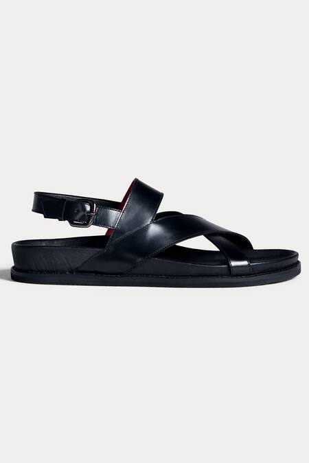 Morf_Black Plain Criss Cross Straps Smooth Leather Sandals_Online_at_Aza_Fashions