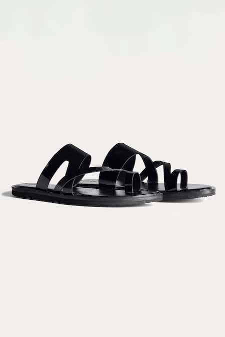 Morf_Black Plain Slip-on Patent Sandals_Online_at_Aza_Fashions
