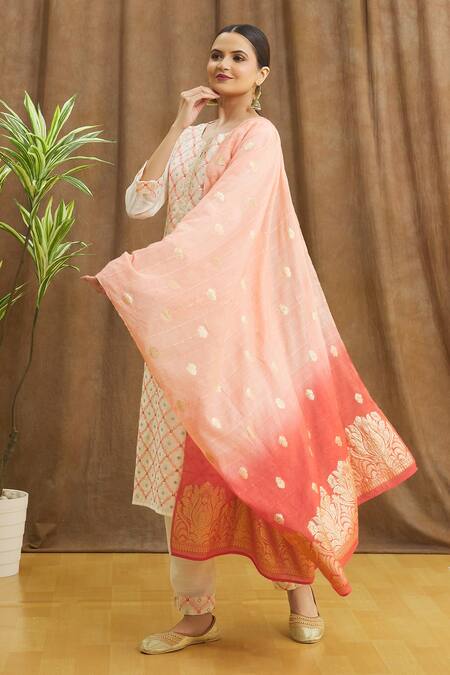 Shop_Khwaab By Sanjana Lakhani_Cream Kurta And Pant Vishika Silk Set With Chanderi Jacquard Dupatta _Online_at_Aza_Fashions