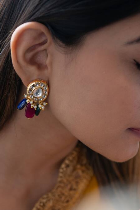 Do Taara_Multi Color Beads, Diamonds Kundan Encrusted Drop Earrings _Online_at_Aza_Fashions