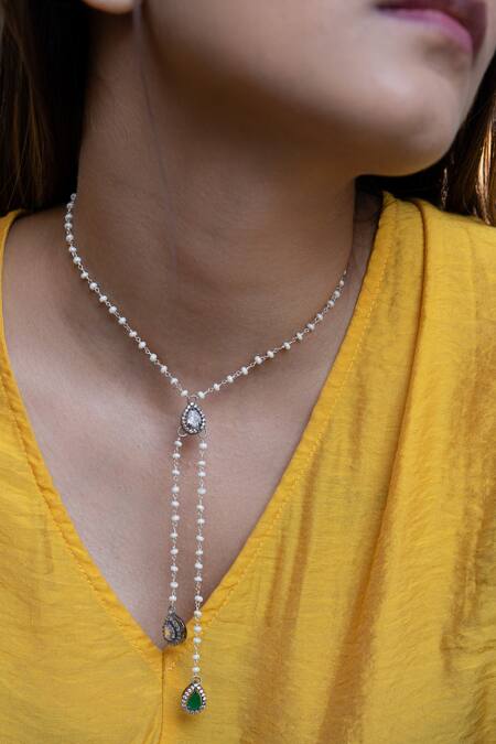 Buy_Do Taara_Silver Plated Faux Diamond Pearl String Necklace _Online_at_Aza_Fashions