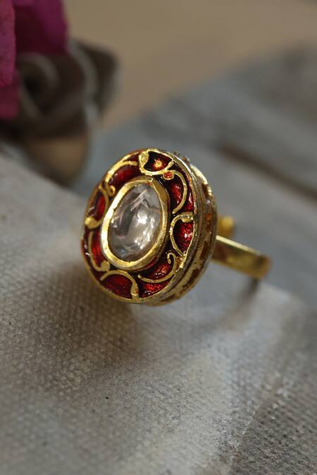 Shop Do Taara Red Imitation Diamonds Oblong Carved Work Ring at Aza Fashions Shop_Do Taara_Red Imitation Diamonds Oblong Carved Work Ring _at_Aza_Fashions