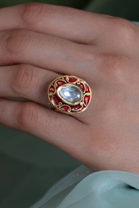 Do Taara Red Imitation Diamonds Oblong Carved Work Ring Online at Aza Fashions Do Taara_Red Imitation Diamonds Oblong Carved Work Ring _Online_at_Aza_Fashions