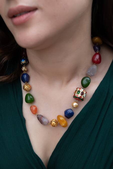 Do Taara Multi Color Navratna Stones Embellished Necklace Online at Aza Fashions Do Taara_Multi Color Navratna Stones Embellished Necklace _Online_at_Aza_Fashions