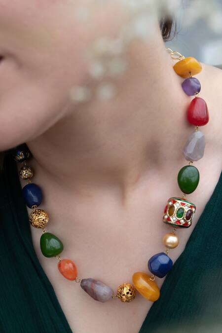 Buy Do Taara Multi Color Navratna Stones Embellished Necklace Online at Aza Fashions Buy_Do Taara_Multi Color Navratna Stones Embellished Necklace _Online_at_Aza_Fashions