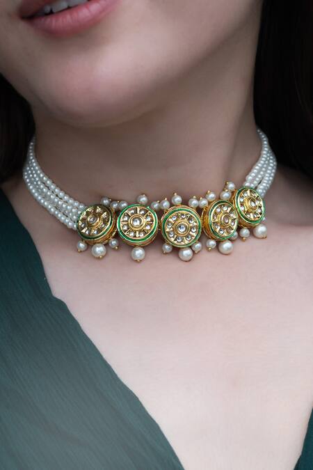 Buy_Do Taara_Gold Plated Kundan And Pearl Embellished Choker Necklace _Online_at_Aza_Fashions