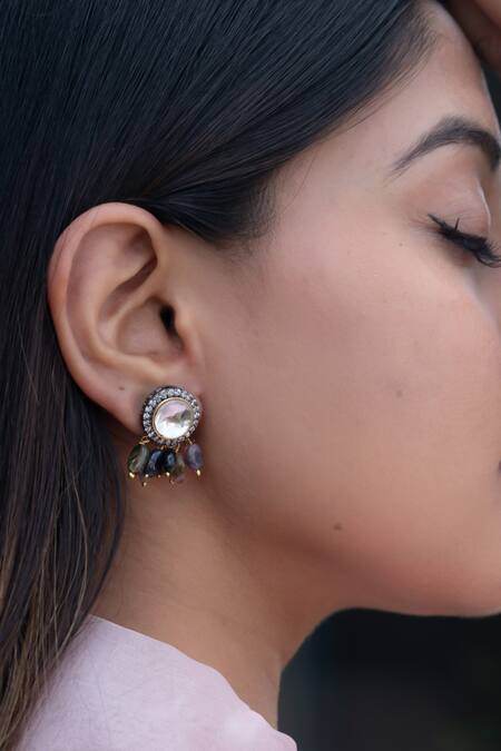 Do Taara_Multi Color Polki, Cubic Zirconia, Agata Stone Embellished Drop Earrings_Online_at_Aza_Fashions