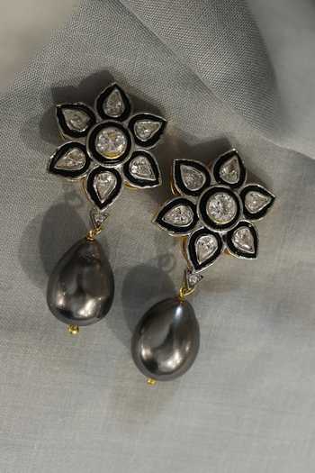 Shop Do Taara Grey Diamonds, Stones Floret Embellished Earrings at Aza Fashions Shop_Do Taara_Grey Diamonds, Stones Floret Embellished Earrings _at_Aza_Fashions