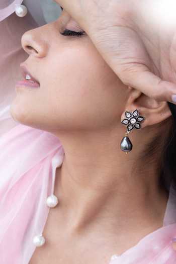 Do Taara Grey Diamonds, Stones Floret Embellished Earrings Online at Aza Fashions Do Taara_Grey Diamonds, Stones Floret Embellished Earrings _Online_at_Aza_Fashions