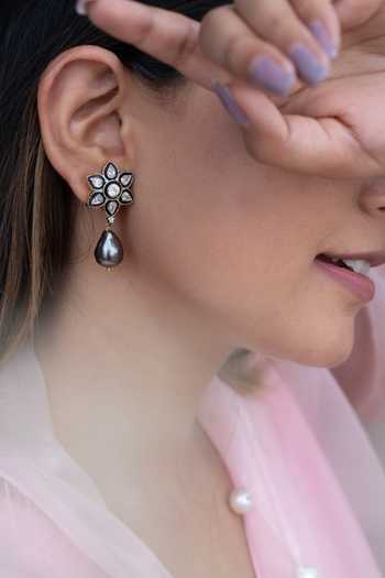Buy Do Taara Grey Diamonds, Stones Floret Embellished Earrings Online at Aza Fashions Buy_Do Taara_Grey Diamonds, Stones Floret Embellished Earrings _Online_at_Aza_Fashions