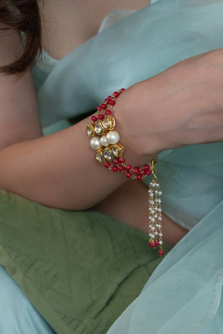 Buy_Do Taara_Orange Pearls, Stones, Diamonds Kundan Embellished Bracelet _Online_at_Aza_Fashions
