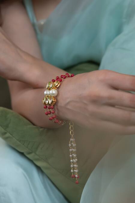 Shop_Do Taara_Orange Pearls, Stones, Diamonds Kundan Embellished Bracelet _Online_at_Aza_Fashions