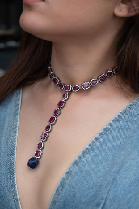 Do Taara_Pink Faux Diamonds Victorian Geometric Embellished Necklace_Online_at_Aza_Fashions