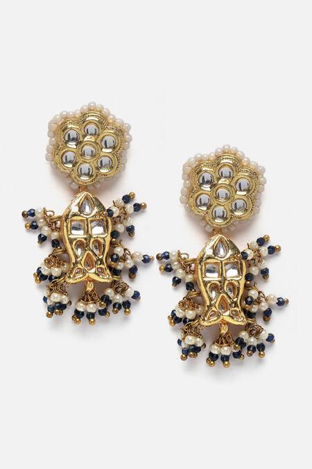 Dugran By Dugristyle_Blue Pearls, Stones, Diamonds Fish And Flower Kundan Embellished Earrings _Online_at_Aza_Fashions