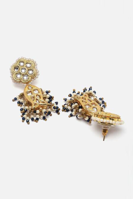 Buy_Dugran By Dugristyle_Blue Pearls, Stones, Diamonds Fish And Flower Kundan Embellished Earrings _Online_at_Aza_Fashions