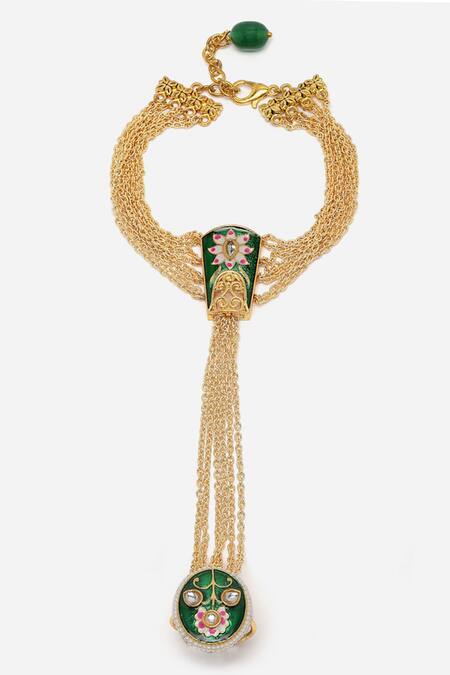 Dugran By Dugristyle_Multi Color Pearls, Stones Meenakari Motif Chained Hathphool _Online_at_Aza_Fashions