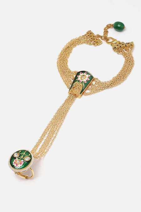 Buy_Dugran By Dugristyle_Multi Color Pearls, Stones Meenakari Motif Chained Hathphool _Online_at_Aza_Fashions