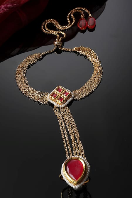 Shop Dugran By Dugristyle Red Crystals, Pearls, Stones Embellished Hathphool at Aza Fashions Shop_Dugran By Dugristyle_Red Crystals, Pearls, Stones Embellished Hathphool _at_Aza_Fashions