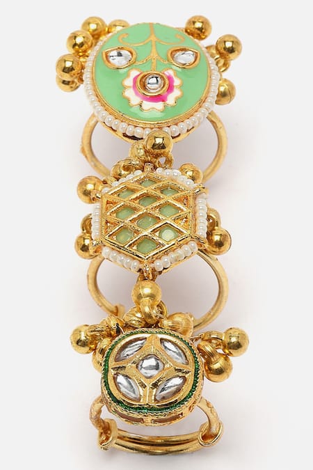 Dugran By Dugristyle Multi Color Diamonds, Pearls, Stones Kundan Embellished Trie Finger Ring Online at Aza Fashions Dugran By Dugristyle_Multi Color Diamonds, Pearls, Stones Kundan Embellished Trie Finger Ring _Online_at_Aza_Fashions