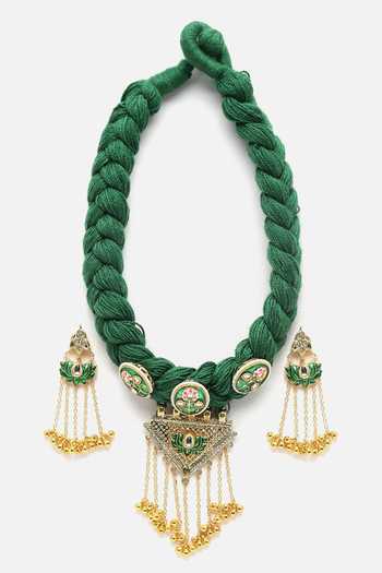 Dugran By Dugristyle_Multi Color Pearls, Stones, Tassels Lotus Shaped Hand Braided Pendant Choker Set _Online_at_Aza_Fashions