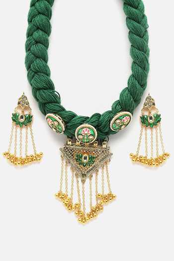 Buy_Dugran By Dugristyle_Multi Color Pearls, Stones, Tassels Lotus Shaped Hand Braided Pendant Choker Set _Online_at_Aza_Fashions
