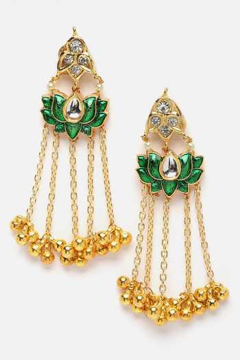 Shop_Dugran By Dugristyle_Multi Color Pearls, Stones, Tassels Lotus Shaped Hand Braided Pendant Choker Set _Online_at_Aza_Fashions