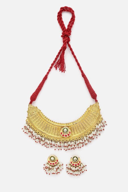 Dugran By Dugristyle_Multi Color Pearls, Stones Geometric Carved Necklace Set _Online_at_Aza_Fashions