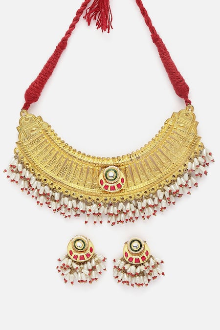 Buy_Dugran By Dugristyle_Multi Color Pearls, Stones Geometric Carved Necklace Set _Online_at_Aza_Fashions