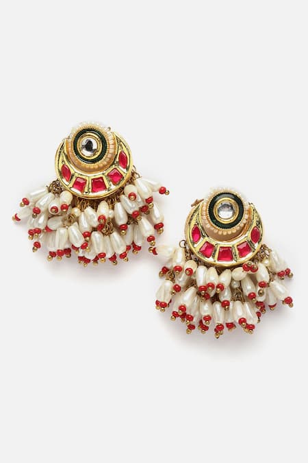 Shop_Dugran By Dugristyle_Multi Color Pearls, Stones Geometric Carved Necklace Set _Online_at_Aza_Fashions