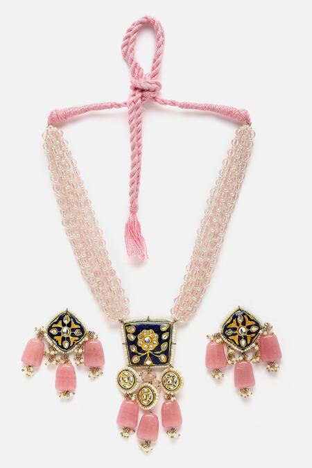 ZAVERI PEARLS Turquoise Blue & Pink Beads Ethnic Kundan Choker Necklace  Earring Maangtikka & Ring Set For Women-ZPFK14396 : Amazon.in: Fashion