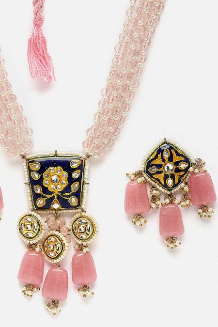 Buy_Dugran By Dugristyle_Multi Color Pearls, Stones Kundan Embellished Pendant Necklace Set _Online_at_Aza_Fashions