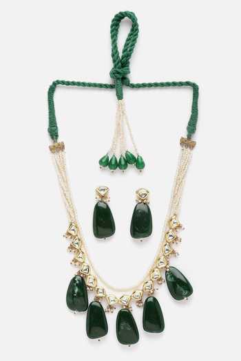 Dugran By Dugristyle_Multi Color Diamonds, Pearls Layered Embellished Pendant Necklace Set _Online_at_Aza_Fashions