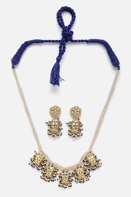 Dugran By Dugristyle_Multi Color Stones, Pearls, Diamonds Studded Pendant Necklace Set _Online_at_Aza_Fashions